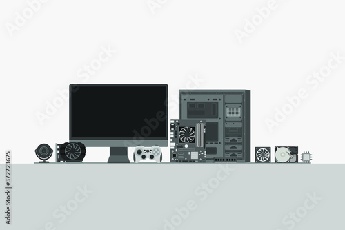 Set of personal computer hardware PC components Gadgets and Devices collection Vector Illustration