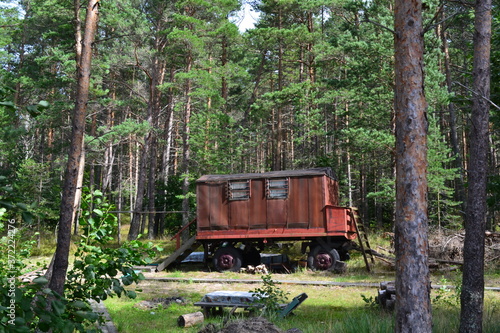 an old trailer in the Northern pine forest on a summer August day