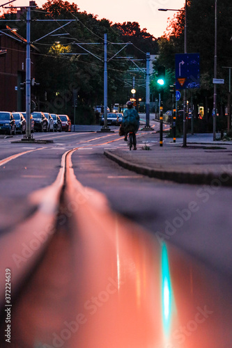 Photography Stockholm, Sweden  Tram tracks glowing in the evening sun in Liljeholmen