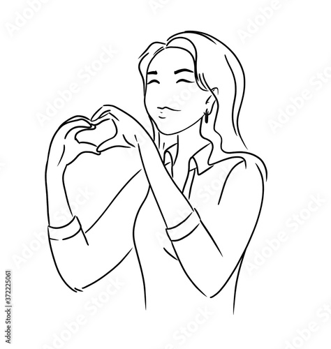 Silhouette of a girl in love who shows a heart symbol with her hands. Black outline on a white background. Digital illustration