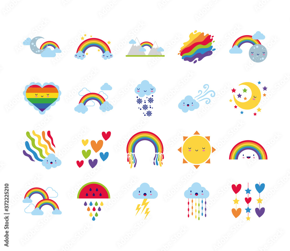 bundle of twenty rainbows and kawaii characters icons