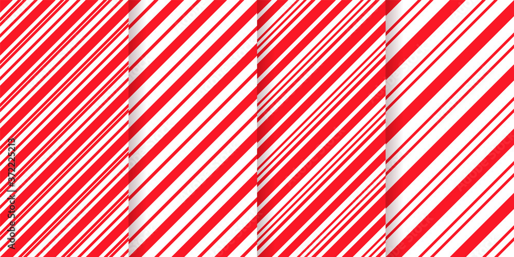 Naklejka premium Candy cane seamless patterns. Christmas striped red background. Vector. Set cute caramel package prints. Xmas holiday diagonal lines. Peppermint wrapping texture. Abstract geometric illustration.