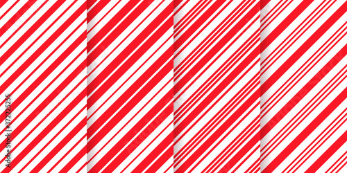 Candy cane seamless patterns. Christmas striped red background. Vector. Set cute caramel package prints. Xmas holiday diagonal lines. Peppermint wrapping texture. Abstract geometric illustration.
