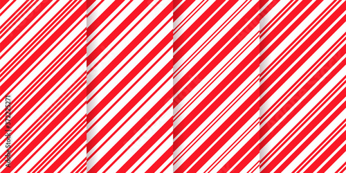 Candy cane striped pattern. Seamless Xmas red background. Vector. Peppermint wrapping texture. Set cute caramel package prints. Christmas holiday diagonal lines. Abstract geometric illustration.