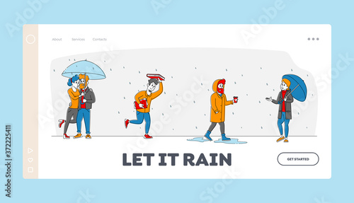 Wet Rainy Autumn or Spring Day Landing Page Template. Drenched Passerby Characters Wear Cloaks with Umbrellas Walking