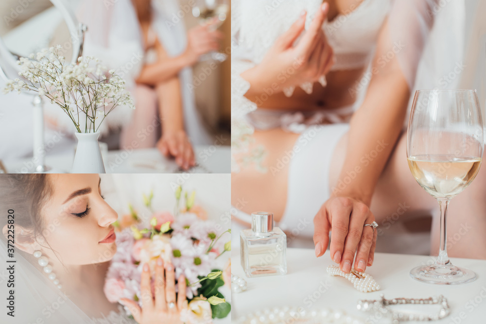 Collage of bride holding bouquet and touching hairpin near glass of wine and perfume on coffee table Collage of bride holding bouquet and touching hairpin near glass of wine and perfume on coffee table