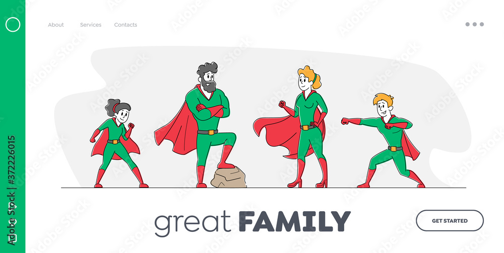 Super Family Landing Page Template. Parents and Children Relations. Dad, Mom and Kids Characters in Superhero Costume