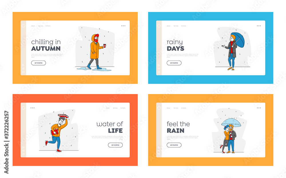 Wet People at Rainy Day Landing Page Template Set. Happy Drenched Passerby Characters Wearing Cloaks with Umbrellas Walk