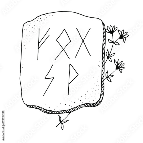 Vector black and white illustration with runes on a stone