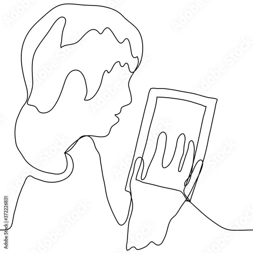 portrait of a man looking at an empty photo frame / tablet, he put his palm on it. One continuous line drawing concept of longing, missing someone, unrequited / non-reciprocal love, obsessed fan