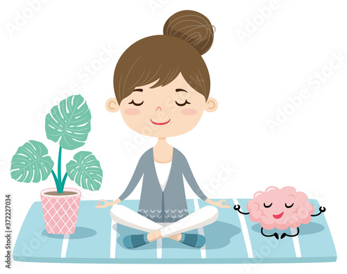 A cute cartoon girl practices meditation with a cute brain and a potted plant on yoga mat