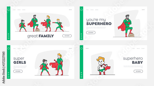 Super Family Landing Page Template Set. Mommy, Daddy and Children in Superhero Costumes. Characters Super Heroes Posing