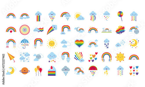bundle of fifty rainbows and kawaii characters icons