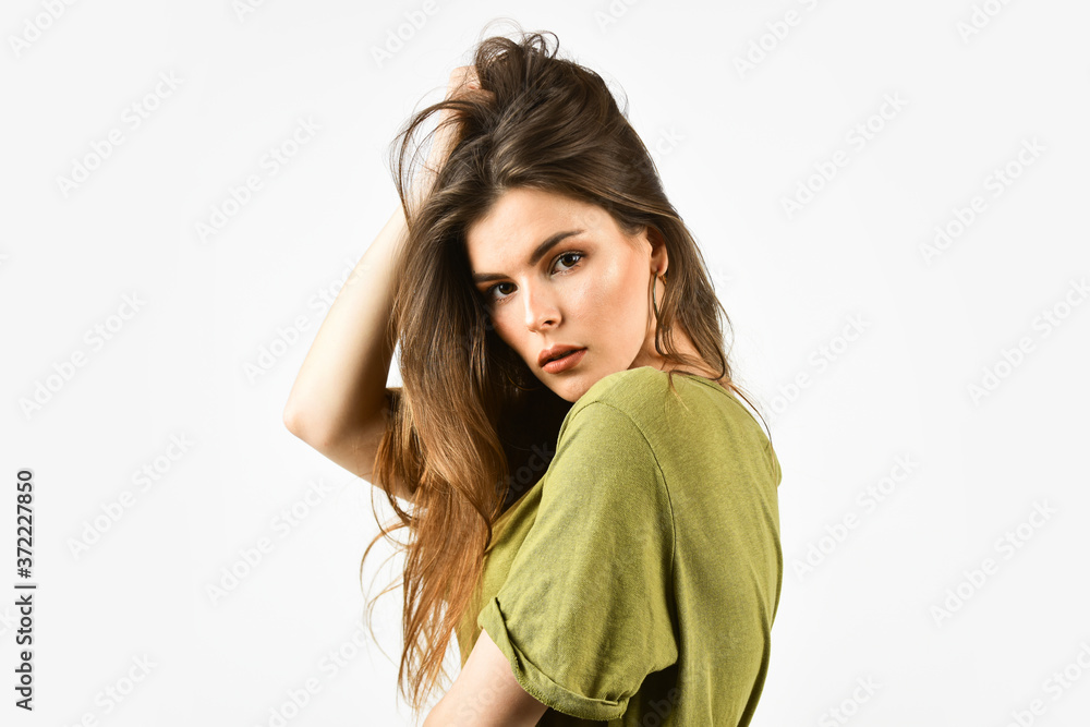 Summer trends. Products for face, body and hair care. Cosmetics and skin care. Sexy woman on white background. Sensual look. Fashion model. Female beauty and fashion. Girl with natural makeup Summer trends. Products for face, body and hair care. Cosmetics and skin care. Sexy woman on white background. Sensual look. Fashion model. Female beauty and fashion. Girl with natural makeup