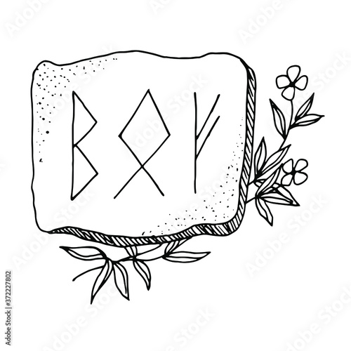 Vector black and white illustration with runes and flowers.