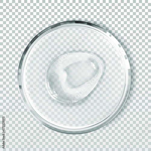 Transparent gel smudge in petri dish isolated realistic vector illustration. Concept laboratory tests and research, making cosmetics. Smear of facial cleanser, peeling, shampoo or shower gel, above