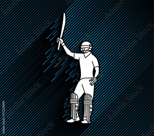 Concept of Batsman playing cricket raises his bat after scoring a full century - championship, Line art design Vector illustration.
