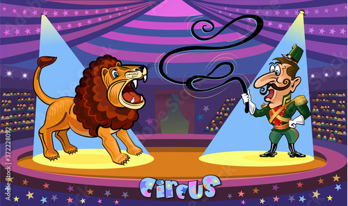 Lion Tamer with lion. Funny cartoon and vector circus illustration.