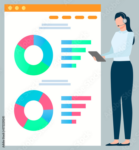 Data on whiteboard vector, presentation on board flat style secretary. Businesslady wearing headphones, presenter with diagram and segments, conference