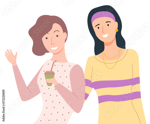 Woman friends vector, friendship of female characters. Lady drinking coffee or tea from plastic cup, sportive girl wearing sweater with stripes and band