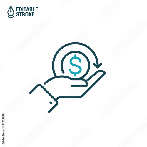 Cashback (cash back) icon. Hand hold coin. Vector outline icon with editable stroke