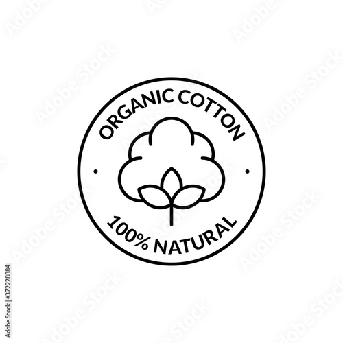 100% Natural Organic Cotton Icon. Vector badge, logo or label. Minimalistic illustration in line art style