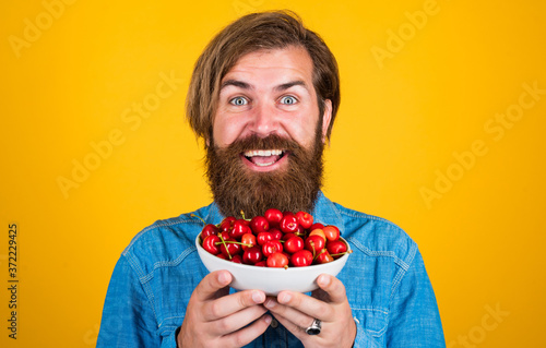 Vegetarian. harvesting cherries in summer. ripe cherries in pot. delicious dessert dish. bright red juicy cherries in bowl. with no chemicals. feel hunger. Cherry season. man eat organic berries