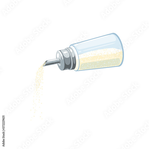 Sugar dispenser pours refined sugar. Vector illustration flat cartoon icon isolated on white background.