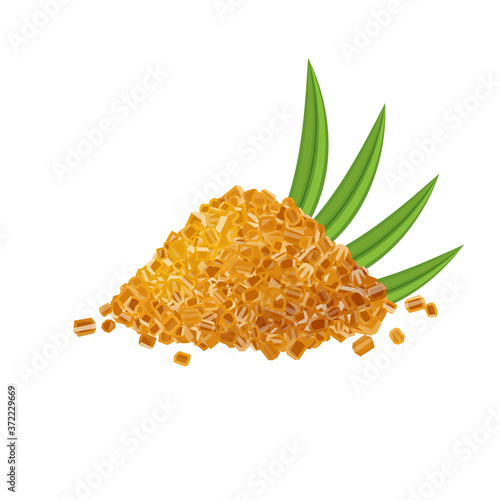 Heap of brown rock cane sugar and sugarcane leaves. Vector illustration cartoon flat icon isolated on white background, template for packaging label design.