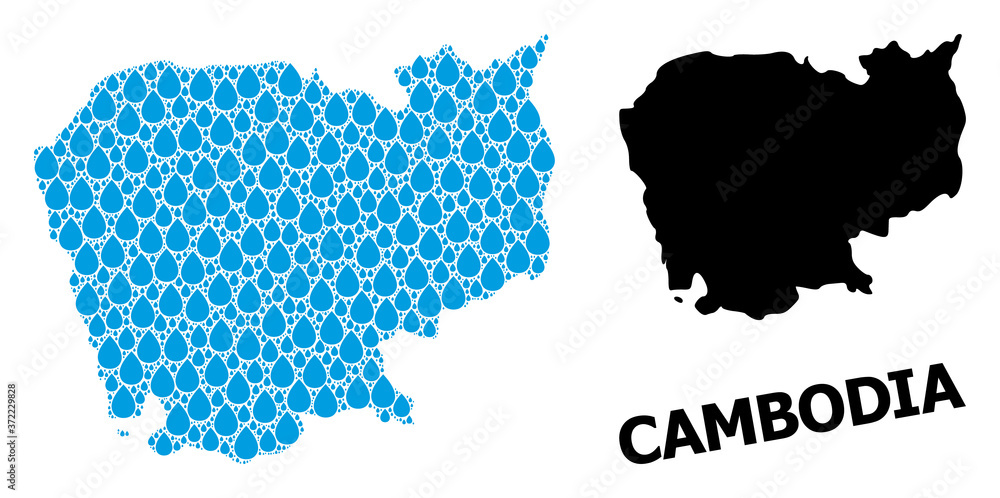 Vector Collage Map of Cambodia of Water Tears and Solid Map