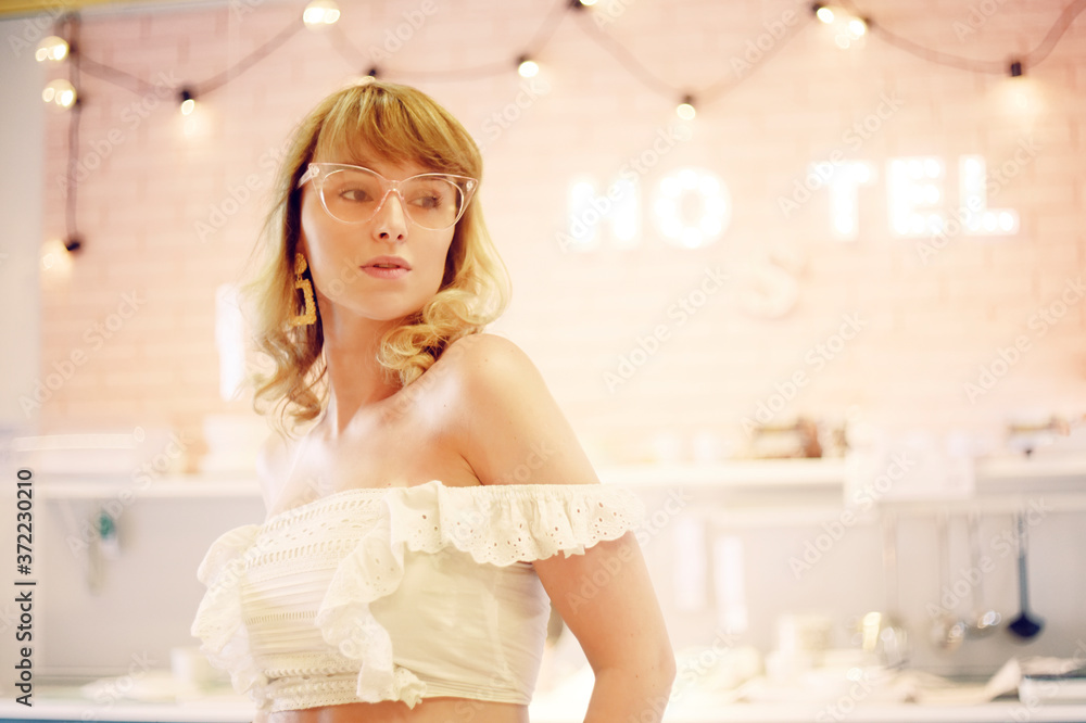 The girl in the hostel. Cute pink interior, female student travels. The girl in the hostel. Cute pink interior, female student travels.