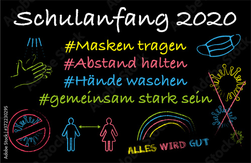 Schule - 2020 - Schulanfang - Schulstart - erster Schultag - Schulkind - Kind - Maskenpflicht - Masken - Abstand - Hände waschen - alles wird gut - Regenbogen - Junge - Mädchen - bunt - Cartoon 