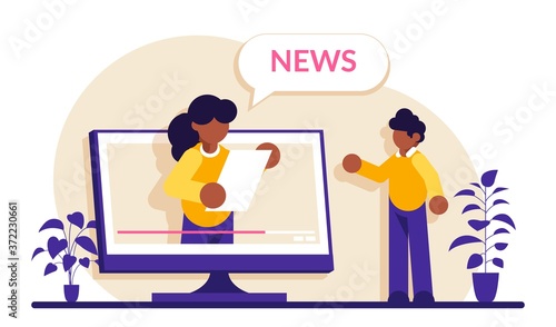 Video news concept. The TV presenter talks about the current news. Man watches a TV show on a monitor screen. Modern flat illustrator.