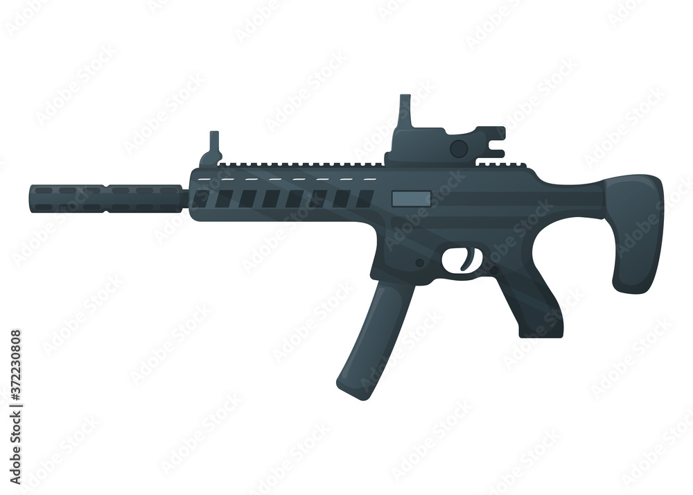 Submachine military gun with silencer, icon self defence automatic weapon concept cartoon vector illustration, isolated on white. Shooting rifle.