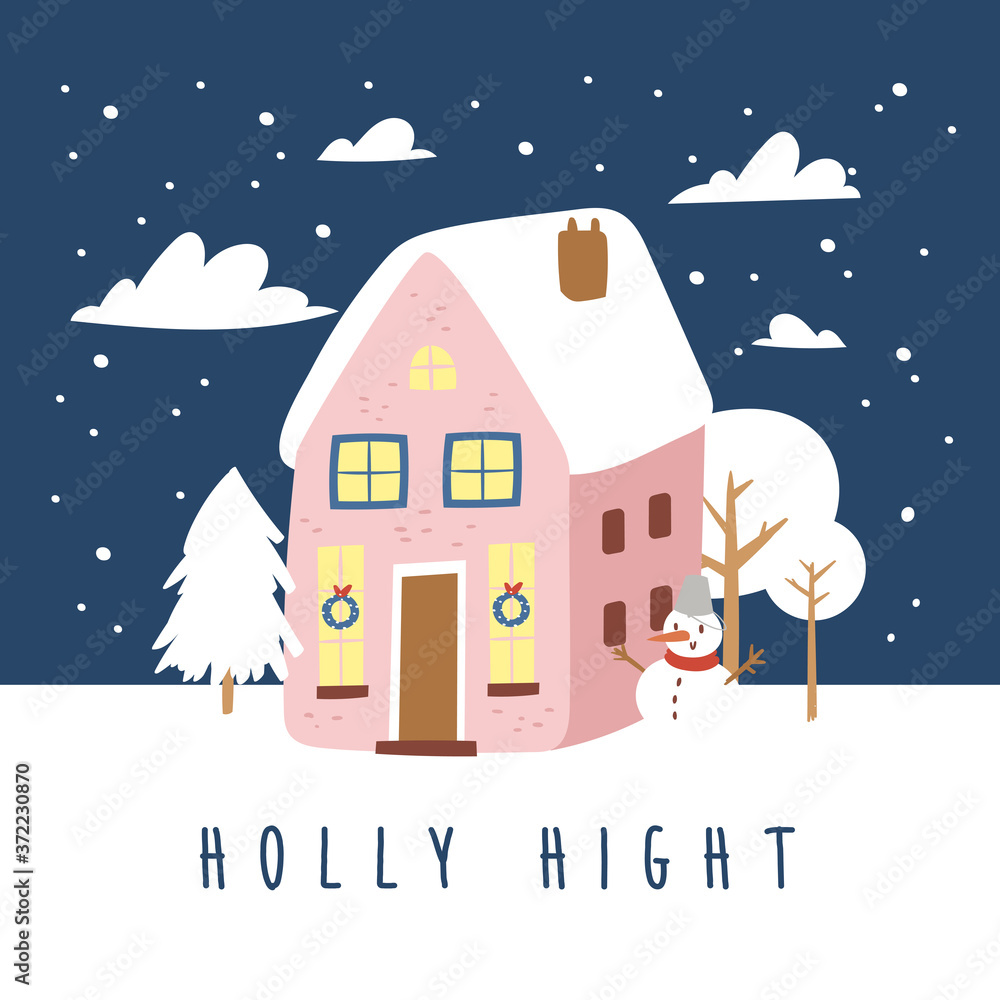 Hand drawn Christmas greeting card with snow night house and festive quote. Creative vector artwork with cozy Winter illustration of decoration for Home. Cartoon Holidays background, poster, postcard