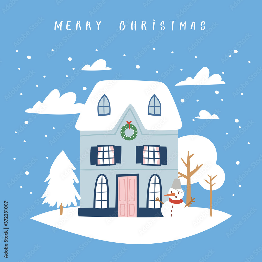 Hand drawn Christmas greeting card with snow house and festive quote. Creative vector artwork with cozy Winter illustration of decoration for Home. Cartoon Holidays background, poster, postcard
