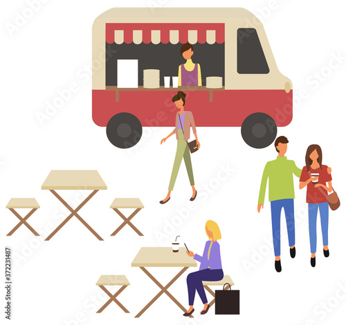 Fast food truck takeout food shop and cafe with takeaway dishes and coffee drinks. Vector woman sitting on chair at table in street restaurant, hugging couple