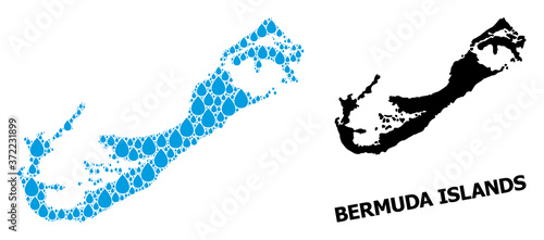 Vector Collage Map of Bermuda Islands of Water Drops and Solid Map