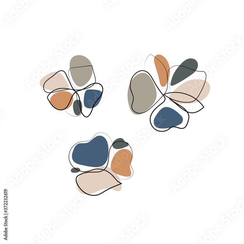 Nature vector continuous line drawing. Three linear flower decorative composition with colorful shapes.
