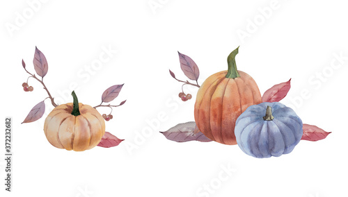 Watercolor composition with pumpkins and leaves. Halloween theme.