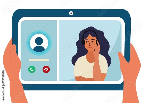 Young woman is on the tablet device screen, incoming call for conference. girl in black headphones. vector illustration design. Human hand hold device and connect online communication. Colored hand