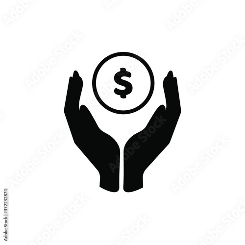 Coin with a dollar sign between two palms. Hands are holding a coin. Vector icon, flat minimal design, isolated on white background, eps 10.