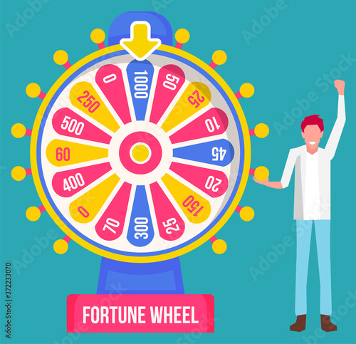 Happy man standing near fortune wheel. Gamble game of chance, played using large vertical wheel that can person spun. Vector pointer on top shows winner number. Lucky guy won money in casino