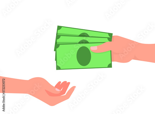 Hand gives money to the other hand, advance payment, bribe. Vector illustration, flat cartoon design, isolated on white background, eps 10.