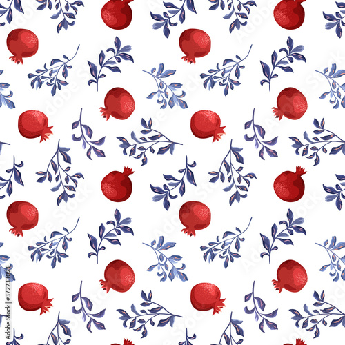 Pomegranate branches with flowers and fruits on a white background. Botanical print, seamless pattern.