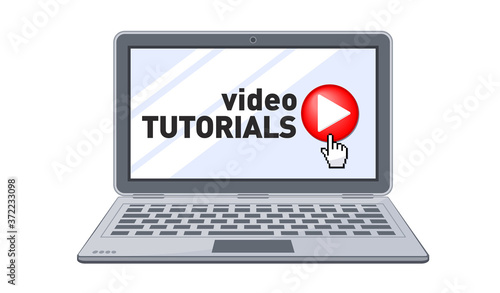 Online video tutorials education in Laptop notebook computer screen. Button and cursor of distance learning. Concept of online distance lesson . Illustration, Vector .