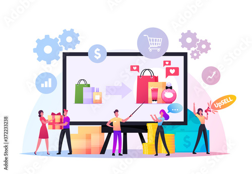Upsell Concept. Tiny Sellers and Buyers Characters at Huge Pc. Upselling Marketing, Technique for More Profitable Sale