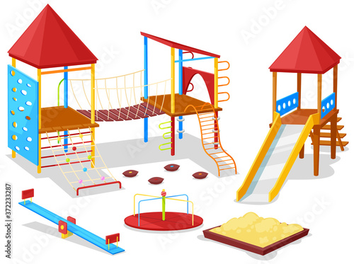 Kids playground vector, isolated sandbox and carousel for children to play. Swing and wooden construction for physical activity and development games