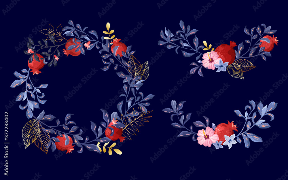 Set of wreaths and frames from pomegranate branches and golden leaves isolated on a blue background. Round frame, greeting card design.