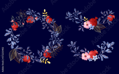 Set of wreaths and frames from pomegranate branches and golden leaves isolated on a blue background. Round frame  greeting card design.